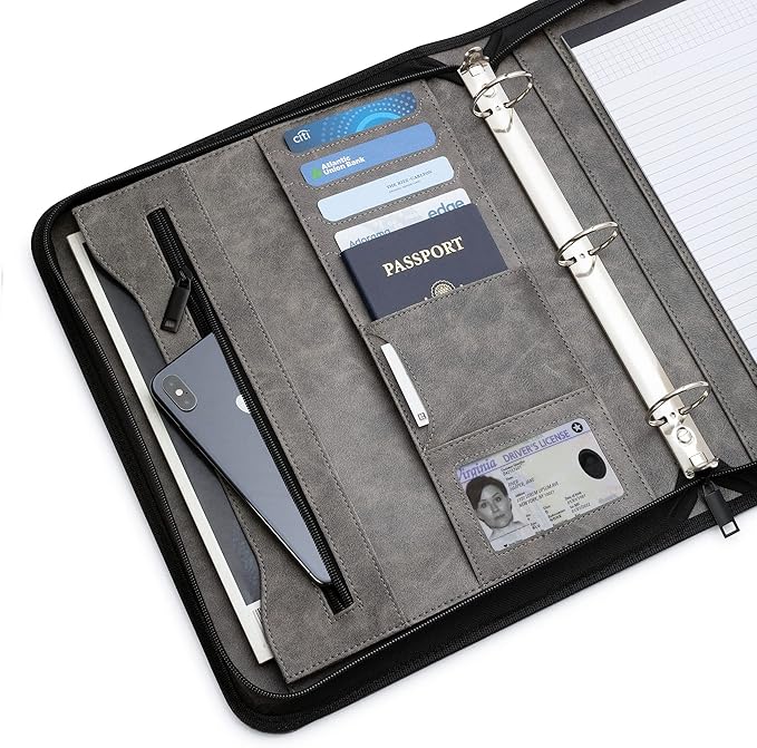Forevermore Portfolios Portfolio Organizer - 1.5" 3 Ring Binder with Notepad - Zippered Storage Pouch for Papers, Travel Documents, Presentation Folder with Pockets for Card, Passport, Tickets - Gray
