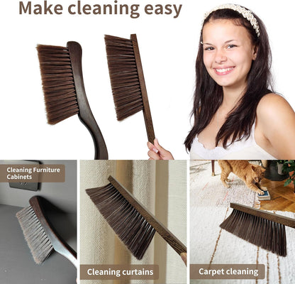 2 Pcs Wooden Hand Broom Brush, Dust Bench Brush Whisk Broom Soft Bristle Brush for Car Bed Furniture Clothes Couch Draft Sofa Fireplace Clothes Household Cleaning with Long Wood Handle(Brown)