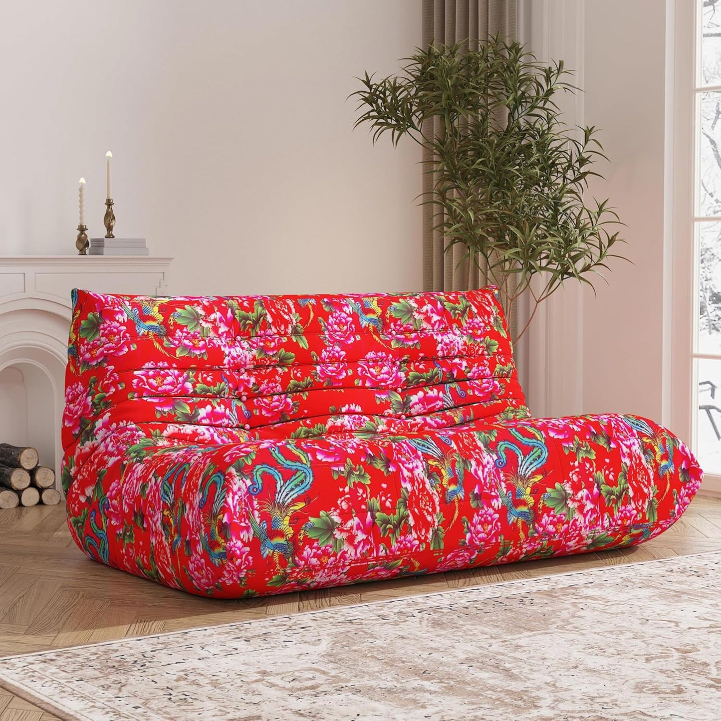 Bean Bag Chair, Loveseat Fireside Chair Bean Bag Sofa Large Bean Bag Chair for Adults, 2 Seater Bean Bag Chairs for Teens with High Density Comfortable Foam, Bean Bag for Living Room, Bedroom (Flower)