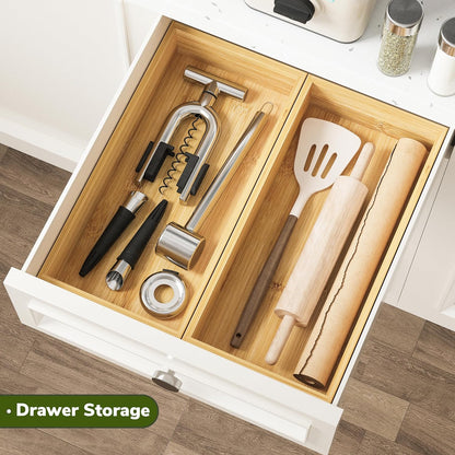 BAMEOS Deep Utensil Drawer Organizer, Bamboo Silverware Organizer for Kitchen Drawer Storage Flatware Junk Cutlery Jewelry 14"x 6.8" Set of 2 (Natural)