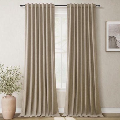 BOODII Full Blackout Curtains 90 Inches Long Room Darkening Curtain for Bedroom Sliding Door Thermal Insulated Black Out Curtains & Drapes Khaki Neutral Linen 2 Panels Set Back Tab 52x90