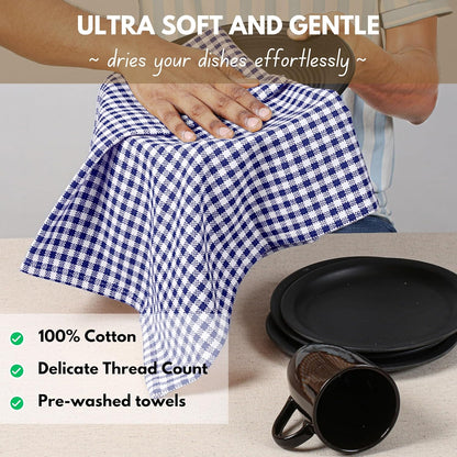 Native Fab 12 Pack Gingham Mini Check Kitchen Dish Towel Cotton Durable Washable 16"x26" - Tea Towels, Soft Absorbent Cleaning Towels, Hand Towel with Hanging Loop - Blue White