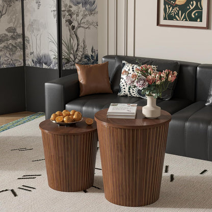 Round Coffee Table Set,2-Piece Modern Farmhouse Living Room End Table Set, Nesting Table Round Natural Finish for Living Room (Walnut, 17.72'')