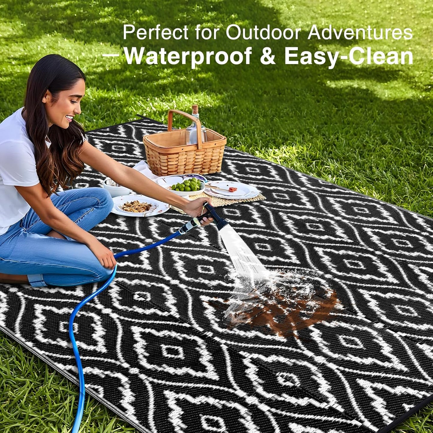 OLANLY Outdoor Rug 9x12 ft Waterproof, Outdoor Plastic Straw Rug with Geometric Pattern Clearance, Reversible RV Mat for Patio, Camping, Balcony, Deck, Backyard, Black & White