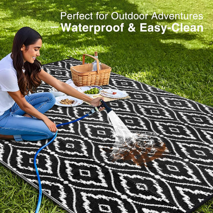 OLANLY Outdoor Rug 9x12 ft Waterproof, Outdoor Plastic Straw Rug with Geometric Pattern Clearance, Reversible RV Mat for Patio, Camping, Balcony, Deck, Backyard, Black & White