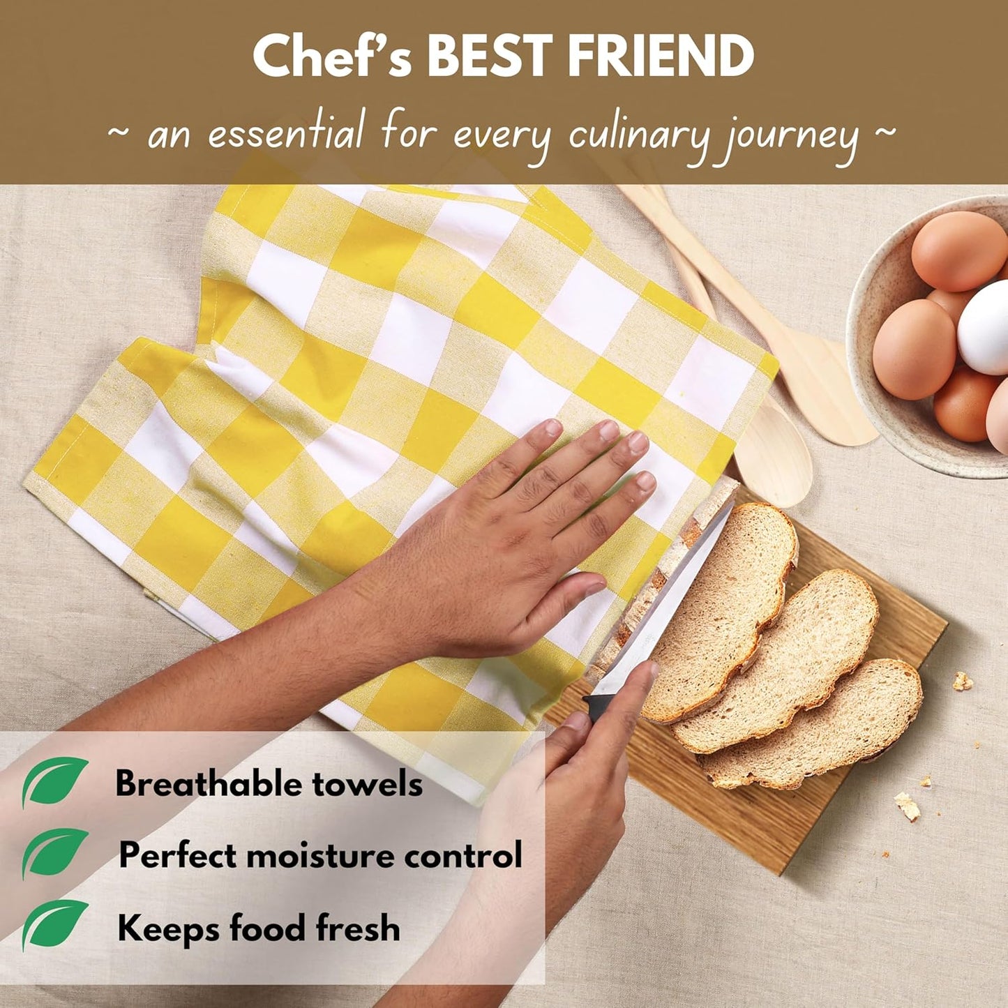 Native Fab Yellow Buffalo Dish Towel 16"x26", Set of 6 - Cotton Plaid Towels, Soft Absorbent Dishcloths with Hanging Loop, Kitchen Towels for Quick Drying - Yellow White