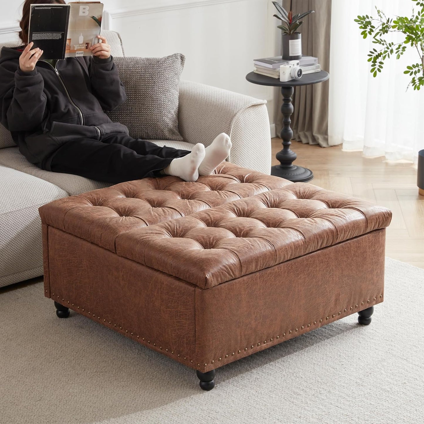 Tbfit Large Square Storage Ottoman Bench, Tufted Upholstered Coffee Table Ottoman with Lift Top & Solid Wood Legs, Oversized Storage Ottomans Toy Box for Living Room (Brown)