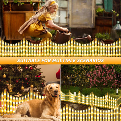 Hopolon 4 Pack Solar Garden Lights Outdoor, 11.1in (H) X 4.6ft (L) 144 Led White Picket Fence Border Solar Powered with Remote, Decorative Christmas Lights for Tree Yard Pet Barrier