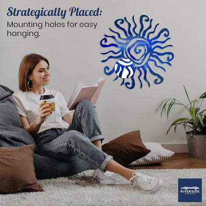 Riverside Designs Wacky Sun Metal Wall Art Indoor/Outdoor Decor - 30" Blue Rust Proof Wall Sculpture - Made in USA - Ideal for Bedroom, Garden, Home, Patio and Farmhouse