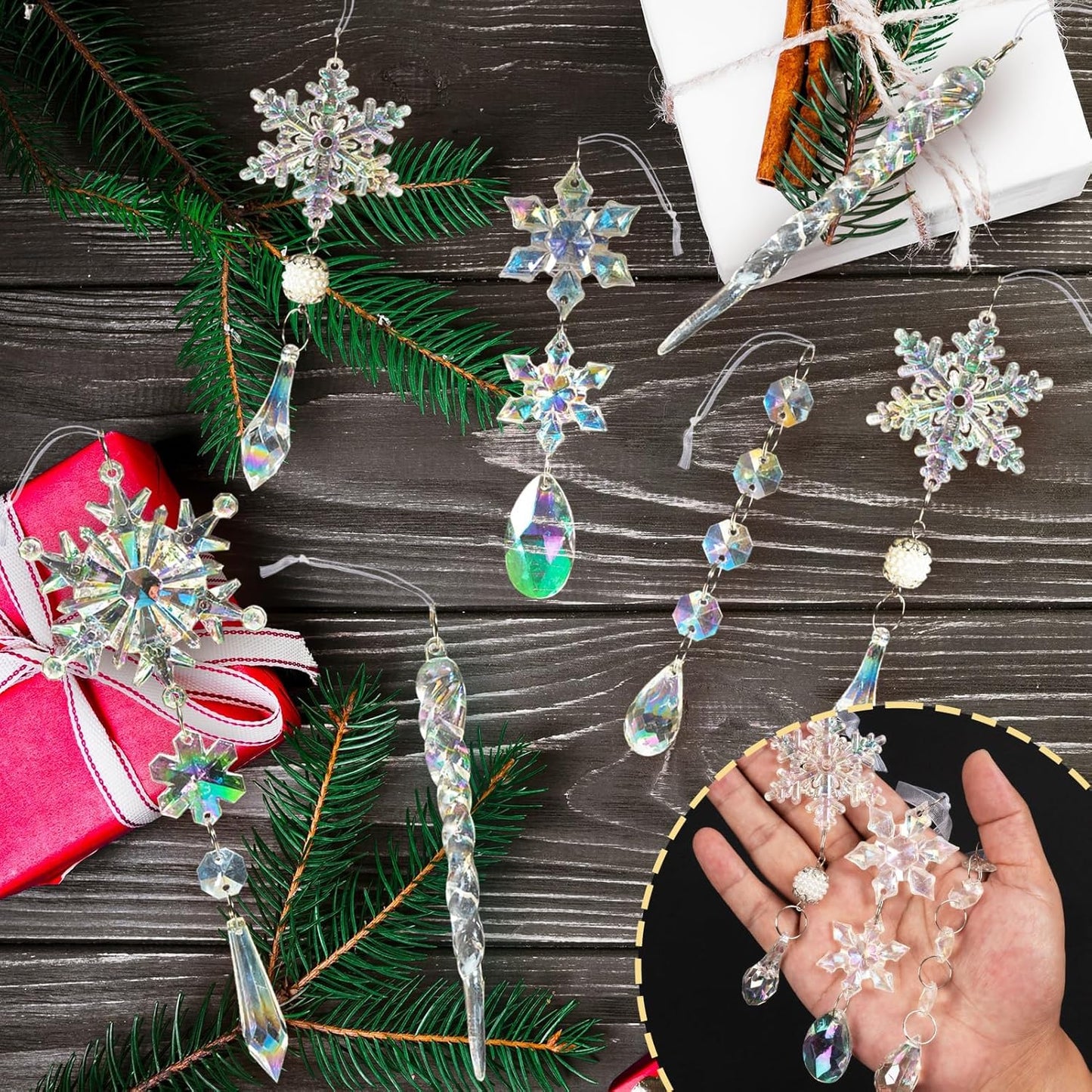 32pcs Christmas Decoration Crystal Ornaments - Iridescent Christmas Tree Ornaments Acrylic Snowflakes Drop Icicle Pendants Hanging Ornaments for Xmas Tree Winter Holiday Frozen Party Decorations