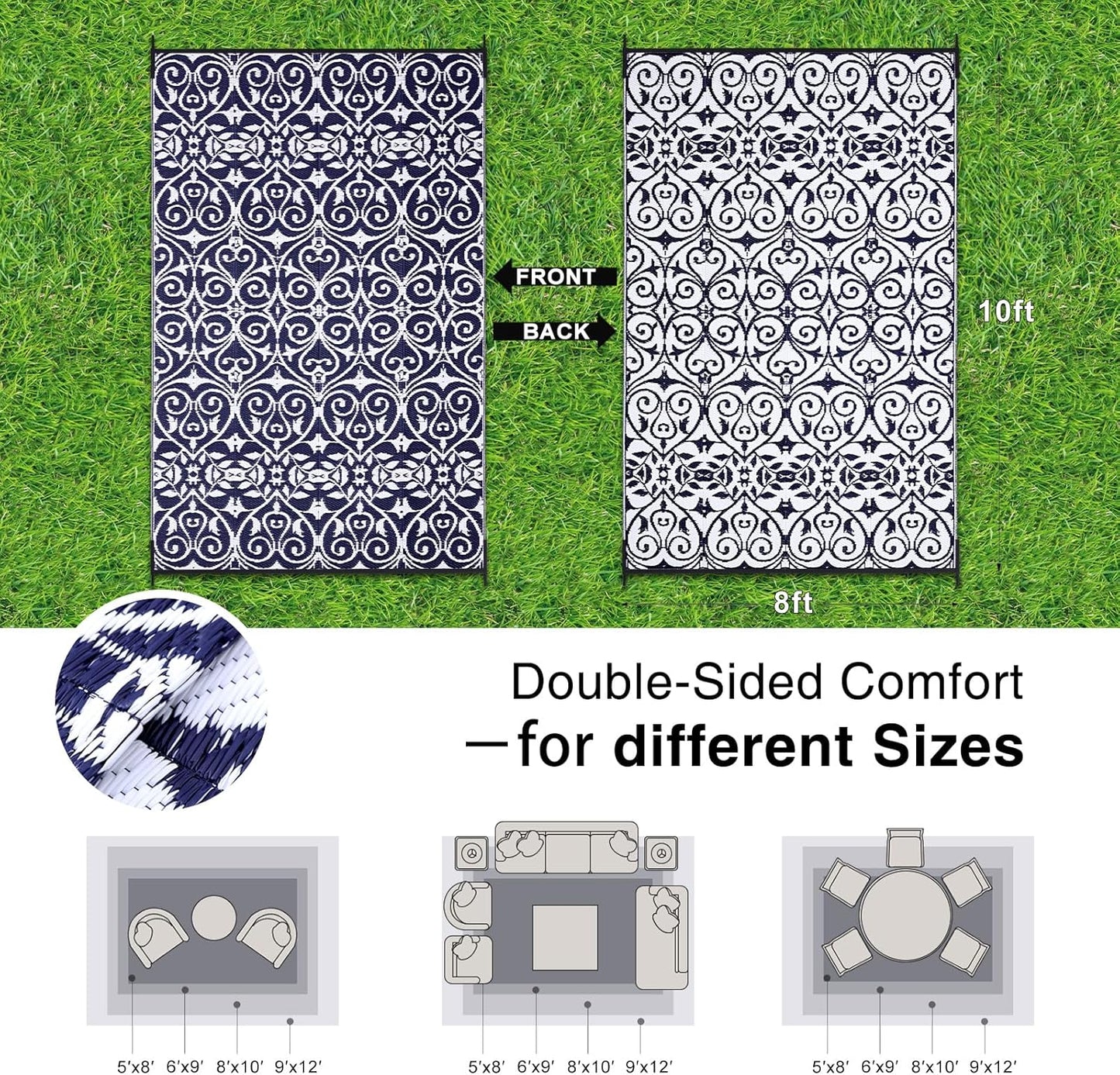 OLANLY Outdoor Rug Waterproof 8x10 ft Clearance, Reversible Outdoor Plastic Straw Rug with Floral Pattern, RV Mat for Patio, Camping, Balcony, Deck, Backyard, Navy & White