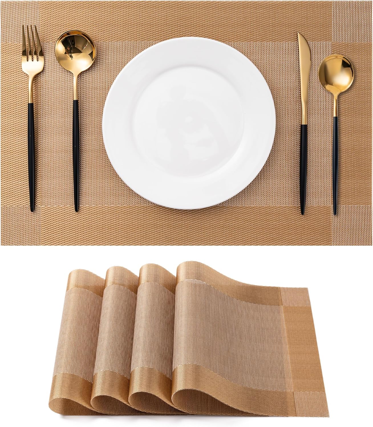 CADONO Placemats Set of 4 Washable Indoor/Outdoor Vinyl Place Mats for Dining Table Durable Non-Slip Heat Resistant PVC Weave Table Mats（Gold Cube）