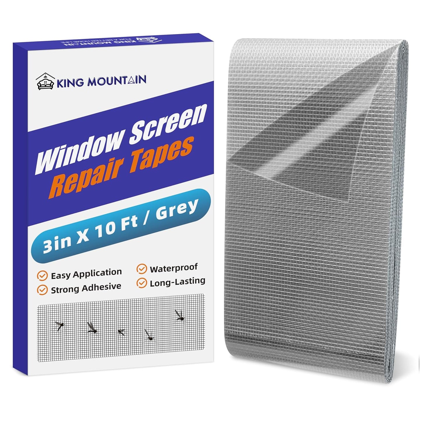 KING MOUNTAIN Grey Window Screen Repair Tape,3inX10FT Heavy Duty Screen Repair Kit for Window Screen and Screen Door,Strong Adhesive & Waterproof Window Screen Patch
