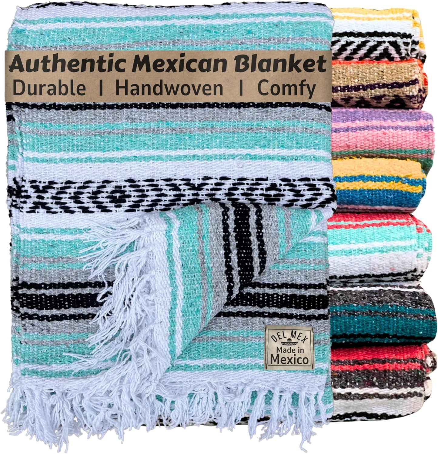 Del Mex Classic Mexican Blanket, Large Authentic Woven Falsa Throw (70"x50"), Artisan Southwest Décor for Beach, Yoga, Outdoors (Mint/Gray)