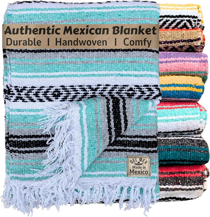 Del Mex Classic Mexican Blanket, Large Authentic Woven Falsa Throw (70"x50"), Artisan Southwest Décor for Beach, Yoga, Outdoors (Mint/Gray)