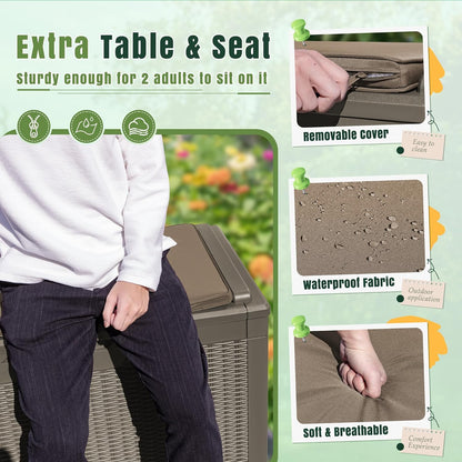 Greesum 100 Gallon Resin Deck Box Large Outdoor Storage with Cushions for Patio Furniture, Garden Tools, Pool Supplies, Weatherproof and UV Resistant, Lockable, Light Coffee