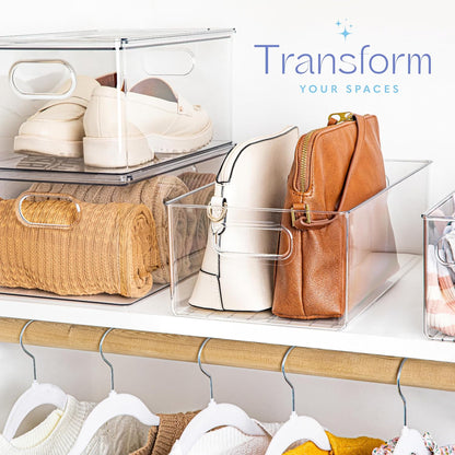 Plastic Food Storage Clear Container Bin with Handles for Organizing Kitchen, Pantry, Refrigerator, Freezer, Pantry, Cabinet, Closet, Bathroom. 14”x8”x5”