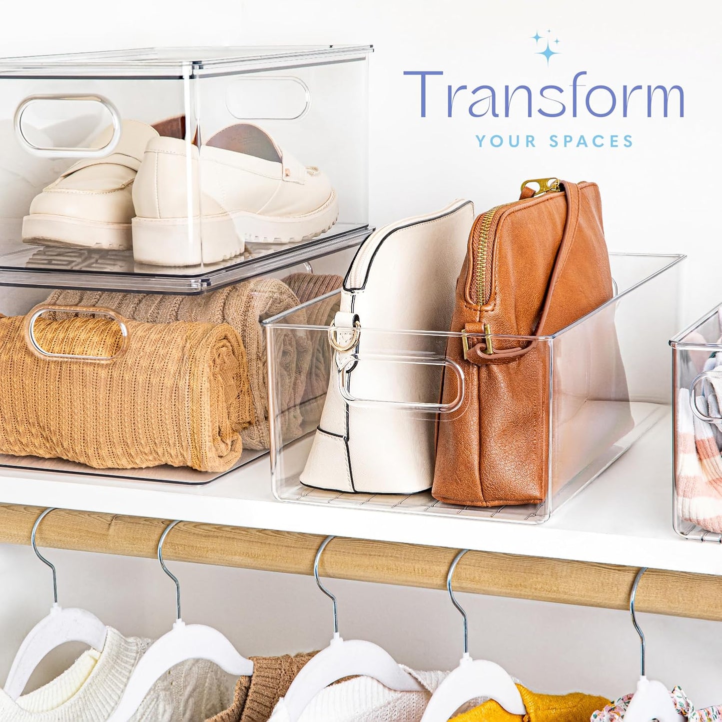 Plastic Food Storage 4 Pack Clear Container Bin with Handles for Organizing Kitchen, Pantry, Refrigerator, Freezer, Pantry, Cabinet, Closet, Bathroom. 16”x8”x5”