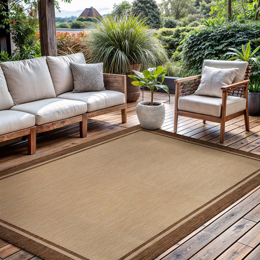CAMILSON Outdoor Rug 6x9 Bordered Natural Brown Modern Area Rugs for Indoor and Outdoor Patios, Kitchen and Hallway Mats, Washable Porch Deck Outside Carpet (Border Jute, 6 x 9)