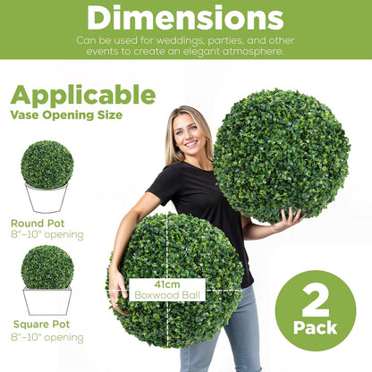DRAY Premium 16.14" Faux Boxwood Balls – Set of 2 Artificial Topiary Spheres for Outdoor & Indoor Use – Realistic, UV-Resistant, Weatherproof Decorative Greenery – Check Measurements