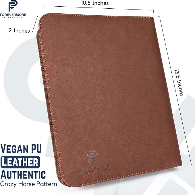 Forevermore Portfolios Padfolio Binder - Professional Faux Leather Travel Organizer Pouch for Tablet, Documents, Presentation Folders, Zipper Closure, Removable 3-Ring Notepad - Brown