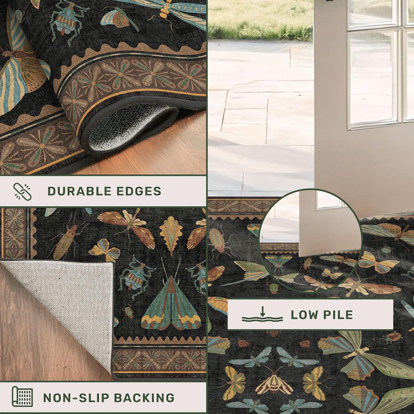 Black Washable Insect Area Rugs 8x10 - Bug, Dragonfly, Bee, Moth, Butterfly Print Rugs for Living Room, Bedroom, Dining Room Under Table, Playroom, Dark Whimscal Boho Carpet, Soft & Non Slip