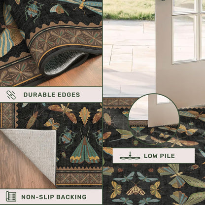 Black Insect 2'6"x8' Washable Non Slip Runner Rugs for Hallways, Non Skid Stain Resistant Rug Runners for Kitchen, Entryway, Mudroom -, Dark Floral Boho Cottagecore Home Decor