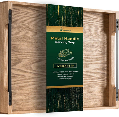 Axeman Wooden Serving Tray with Metal Handles|Ottoman Tray for Breakfast, Bed, Couch|17x13in Ash Wood Coffee Table Trays|Food Drinks Decorative Storage Boards for Ottoman Kitchen, Natural