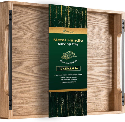 Axeman Wooden Serving Tray with Metal Handles|Ottoman Tray for Breakfast, Bed, Couch|17x13in Ash Wood Coffee Table Trays|Food Drinks Decorative Storage Boards for Ottoman Kitchen, Natural