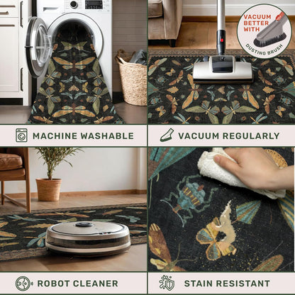 3x5 Entryway Rug Non Slip Washable - Black Throw Rug for Kitchen, Mudroom, Bedroom Bedside, Insect Boho Vintage Aesthetic Décor