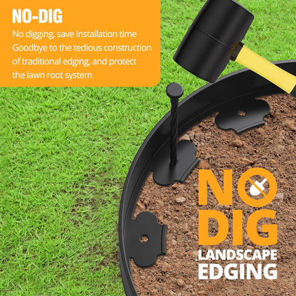 40FT No-Dig Landscape Edging, 2 Inch Tall Heavy Duty Plastic Garden Edging Border with 40 Anchoring Spikes for Lawn, Flower Bed & Decorative Yard (Black)