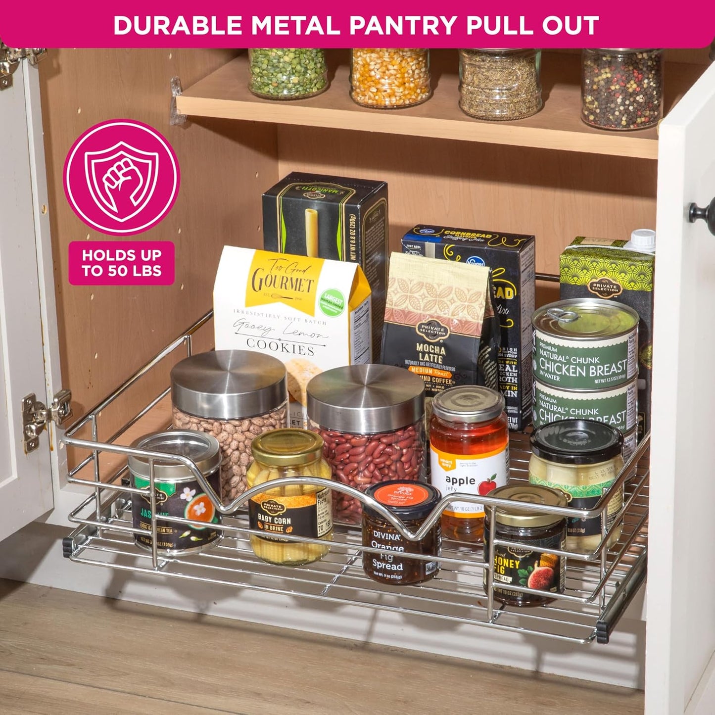 HOLDN’ STORAGE Heavy-Duty Premium Collection Pull Out Cabinet Organizer, Cabinet Drawer Slide Outs, Lifetime Limited Warranty - Basket Size 20" W x 21" D x 5" H, Anti-Rust Chrome Finish