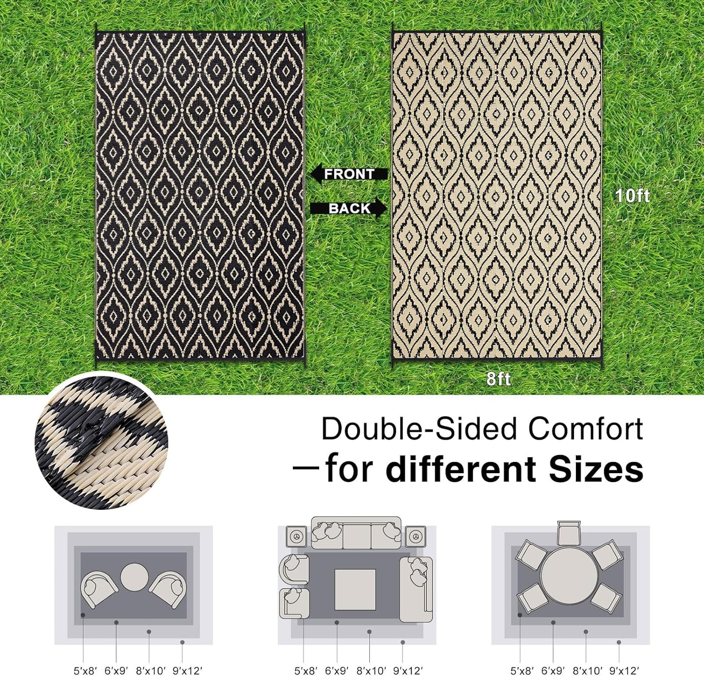 OLANLY Outdoor Rug 8x10 ft Waterproof, Outdoor Plastic Straw Rug with Geometric Pattern Clearance, Reversible RV Mat for Patio, Camping, Balcony, Deck, Backyard, Black & Beige