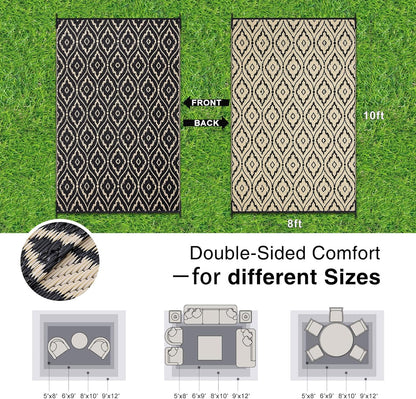 OLANLY Outdoor Rug 8x10 ft Waterproof, Outdoor Plastic Straw Rug with Geometric Pattern Clearance, Reversible RV Mat for Patio, Camping, Balcony, Deck, Backyard, Black & Beige