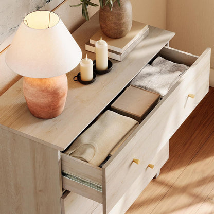 WAMPAT Dresser with 9 Drawers, Bedroom 3-in-1 Wide Wooden Chest of Drawers, Modern Long Dressers Closet Storage Organizer w/Solid Wood Legs for Living Room, Kids Room, Nursery, Light Oak, 106 Inches