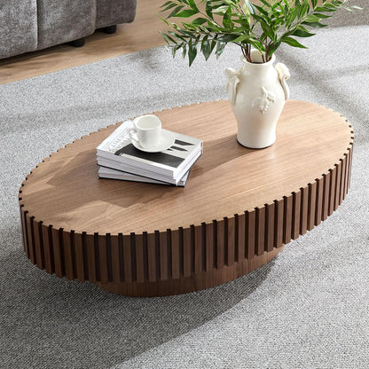 Oval Coffee Table for Living Room, Modern Fluted Coffee Tables with Pedestal Base, Handcrafted Centre Tea Tables Easy Assembly-43.7" Walnut
