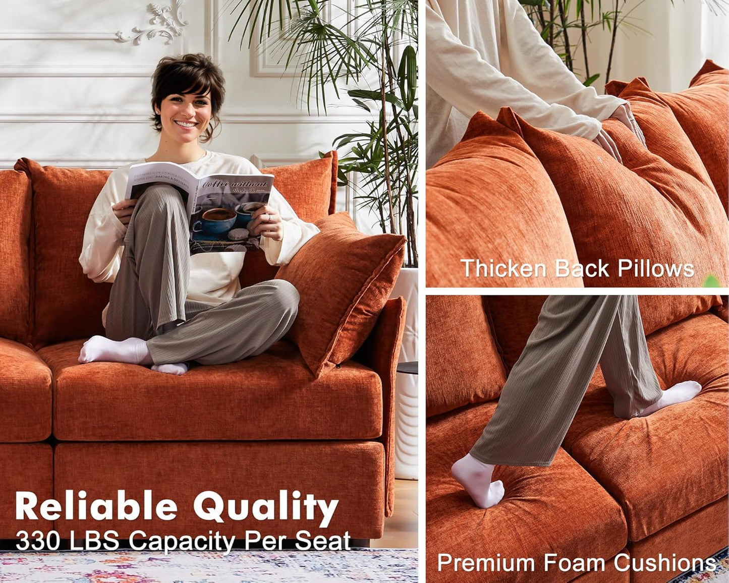 Luxury Modular Sectional Sofa, L-Shaped 3-Seat Couch with Storage Ottoman Deep Seat & Reversible Chaise Lounge Chenille Terracotta Orange for Compact Spaces, Apartments, Dorm