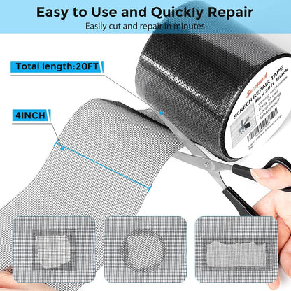 Black Window Screen Repair Tape, 4 in X 20 FT (240IN) Kit for Windows or Doors, Strong Adhesive Patch Fiberglass Mesh Repair