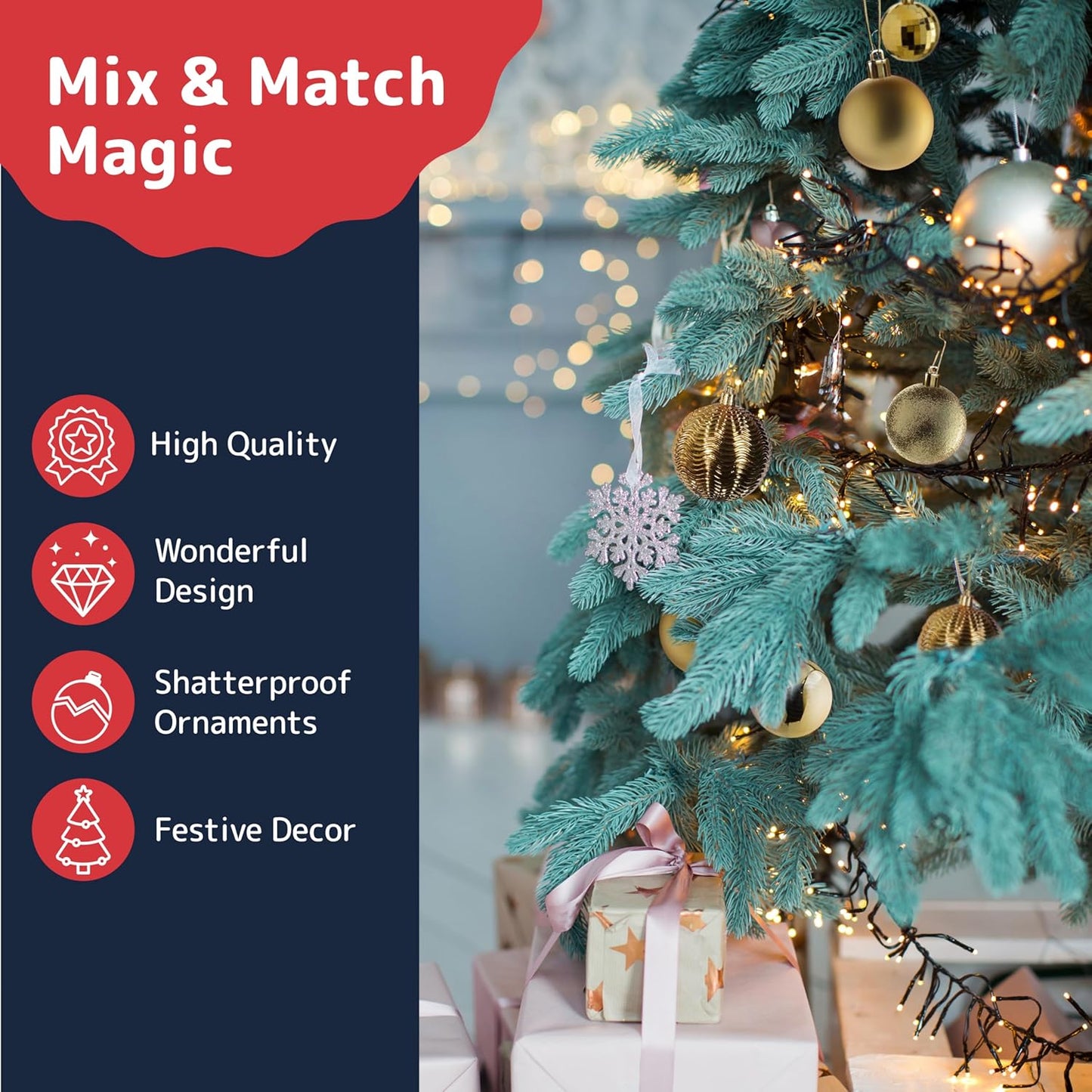 PREXTEX Christmas Ornaments Gold Set - 36-Piece Shatterproof Gold Ornaments for Christmas Tree, Holiday, Wreath, and Party Decorations - Assorted Sizes in Small, Medium, Large