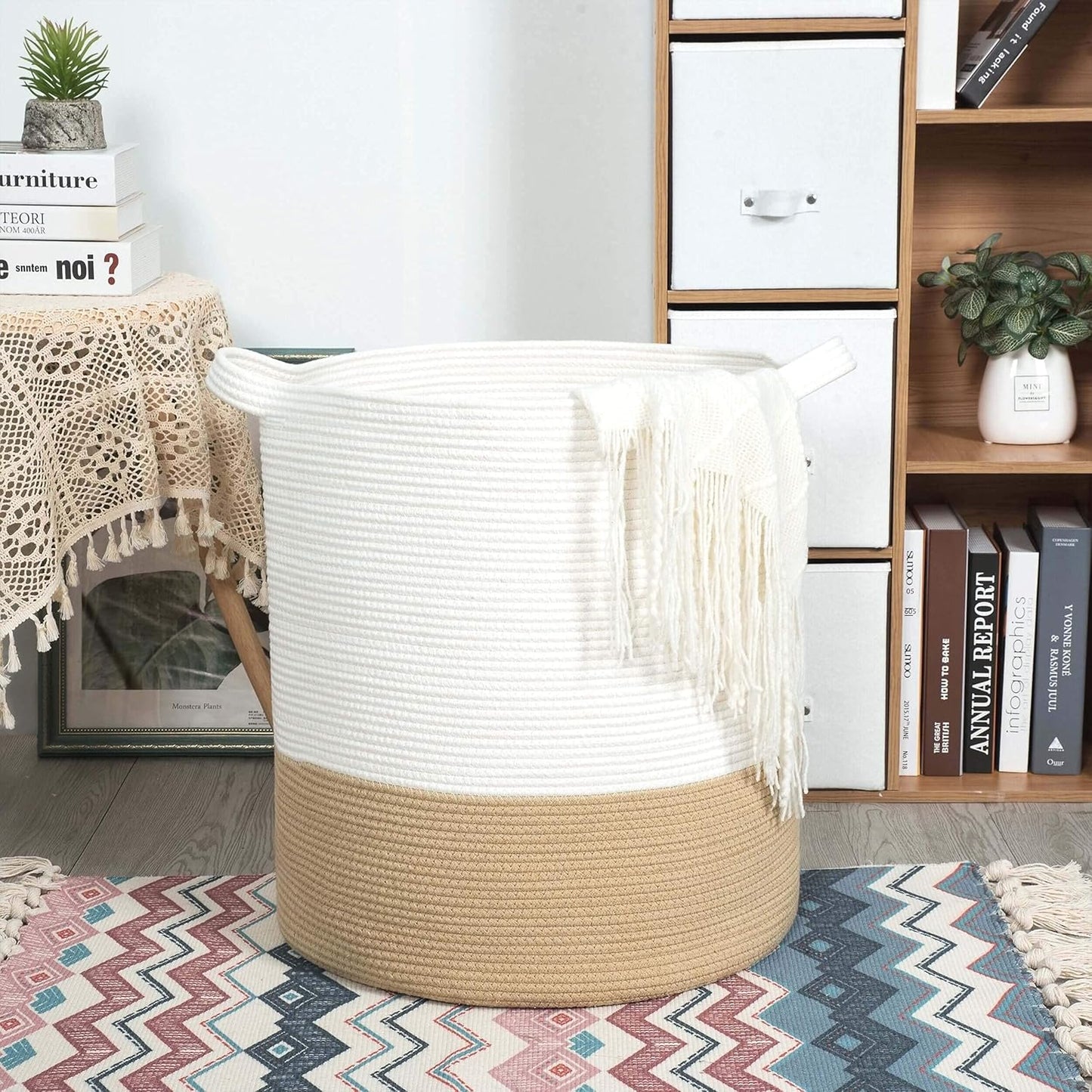 MINTWOOD Design 83L Extra Large 20x18in Decorative Woven Cotton Rope Blanket Basket with Handles, Tall Laundry Hamper for Living Room, Round Storage for Pillows, Towels, Shoes, Beige