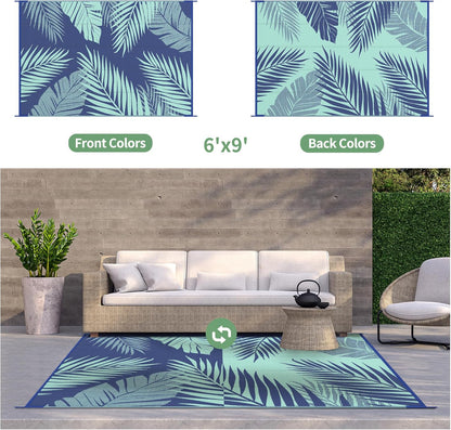 GENIMO Outdoor Rug 6' x 9' Waterproof for Patios Clearance, Reversible Outdoor Plastic Straw Camping Rug Carpet, Large Area Rugs Mats for RV, Camper, Deck, Balcony, Porch, Beach, Royal Blue&Blue Green