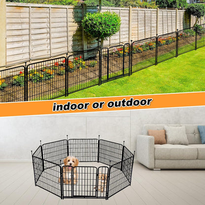 24 in(H) Decorative Garden Fences with Gate, 8 Panels Total 15.7 ft(L) Heavy Duty Iron Animal Barrier Fence for Yard,Suitable for Indoor Pet Fence Or Outdoor Dog Fencing, Garden Border Fence