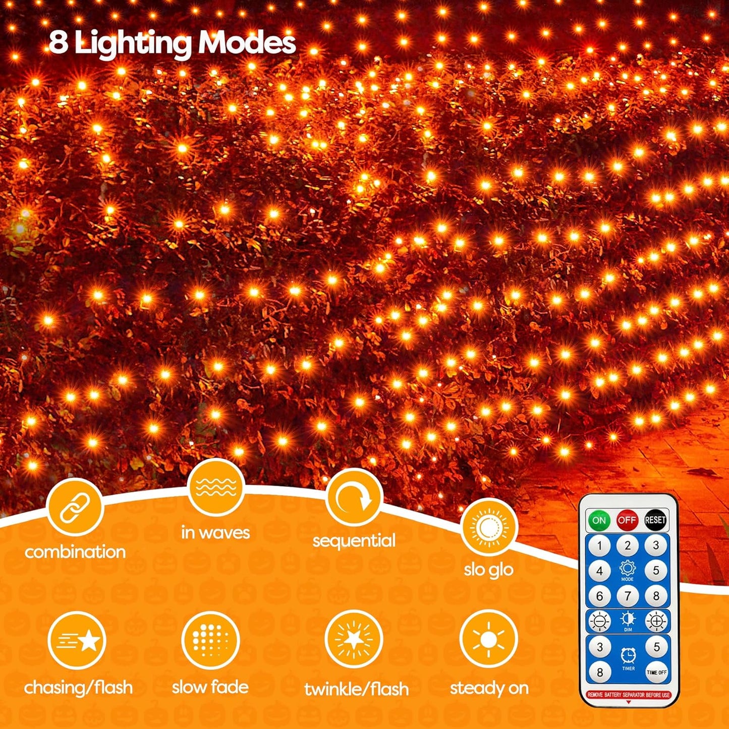 WBao Solar Halloween Lights Outdoor, 200LED 8.4ft x 5.2ft Halloween Net Lights with Remote, 8 Modes, Timer, IP65 Waterproof & Dark Green Wire for Lawn, Bushes, Trees Outdoor Decorations, Orange