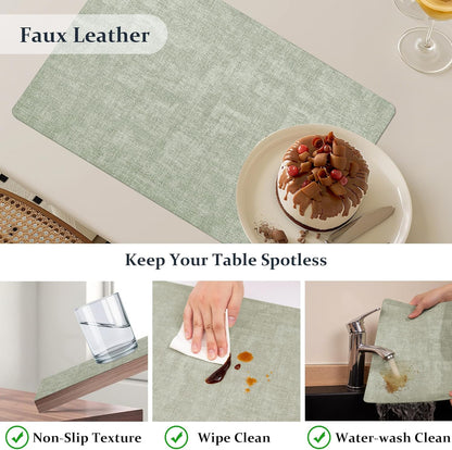 FROMHEART Faux Leather Placemats Set of 8–Waterproof,Heat/Oil Stain-Resistant PU Table Mat–Reversible,Non-Slip,Easy to Clean Place Mats for Kitchen,Dining,Indoor/Outdoor,(Light Green,11.8" x 17")