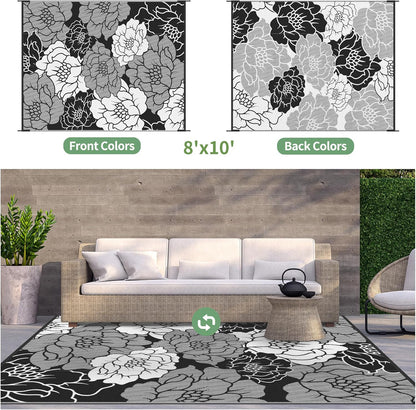 GENIMO Outdoor Rug Waterproof for Patio Decor, 8' x 10' Reversible Plastic Straw Floral Camping Carpet, Large Area Rugs Mats for RV, Camper, Deck, Balcony, Porch, Beach, Picnic, Mix-Black & White