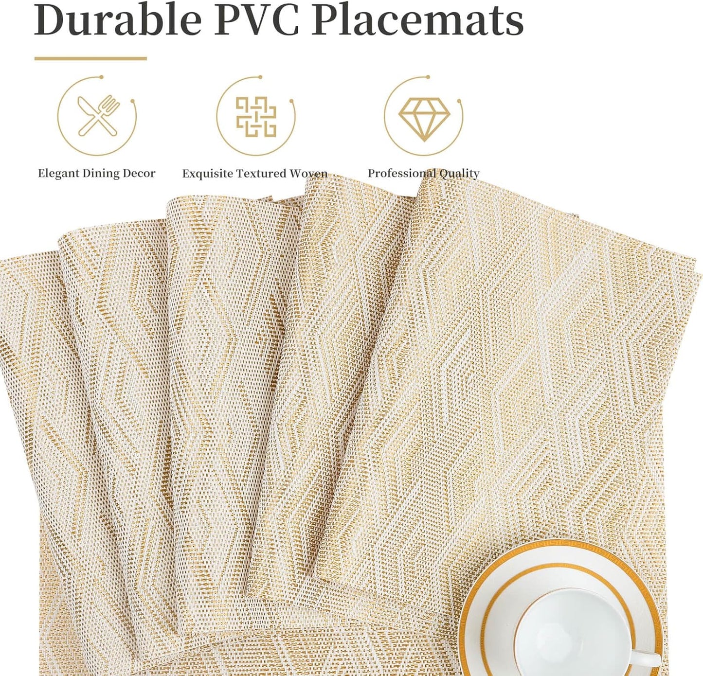 Vinyl Plastic Placemats Set of 6 Washable Heat Resistant Non-Slip Elegant Indoor Outdoor Kitchen Dining PVC Woven Table Place Mats (Gold Yellow Rhombus)