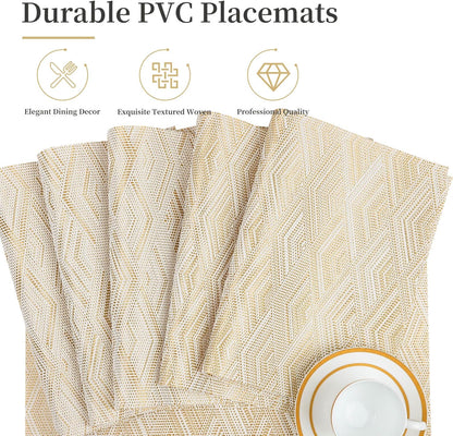 Vinyl Plastic Placemats Set of 6 Washable Heat Resistant Non-Slip Elegant Indoor Outdoor Kitchen Dining PVC Woven Table Place Mats (Gold Yellow Rhombus)