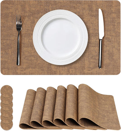 Vinyl Placemats Set of 6, Faux Leather Waterproof and Heat Resistant Place Mats, Washable Anti-Slip Table Mats with Coaster, Wipeable Placemats for Indoor & Outdoor 17" x 12" (Light Brown, Set of 6)