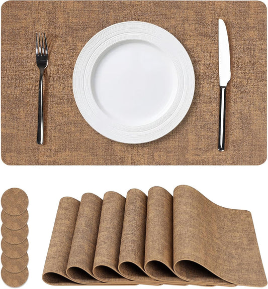 Vinyl Placemats Set of 6, Faux Leather Waterproof and Heat Resistant Place Mats, Washable Anti-Slip Table Mats with Coaster, Wipeable Placemats for Indoor & Outdoor 17" x 12" (Light Brown, Set of 6)