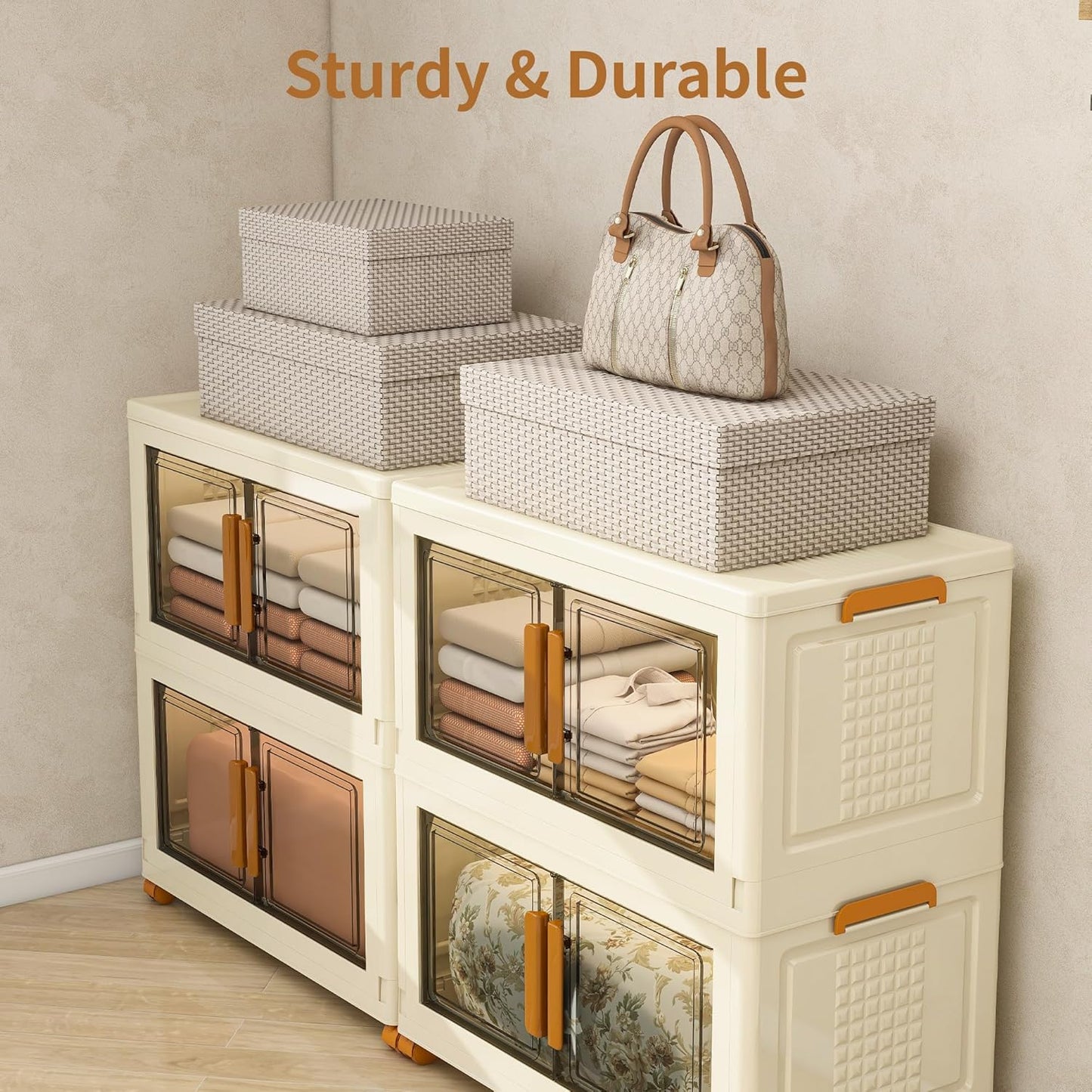 Plastic Stackable Storage Bins with Lids and Wheels, Foldable Closet Organizers and Storage Containers for Bathroom, Collapsible Clear Drawer Storage Cabinet with Doors White 45Gal 2Tiers